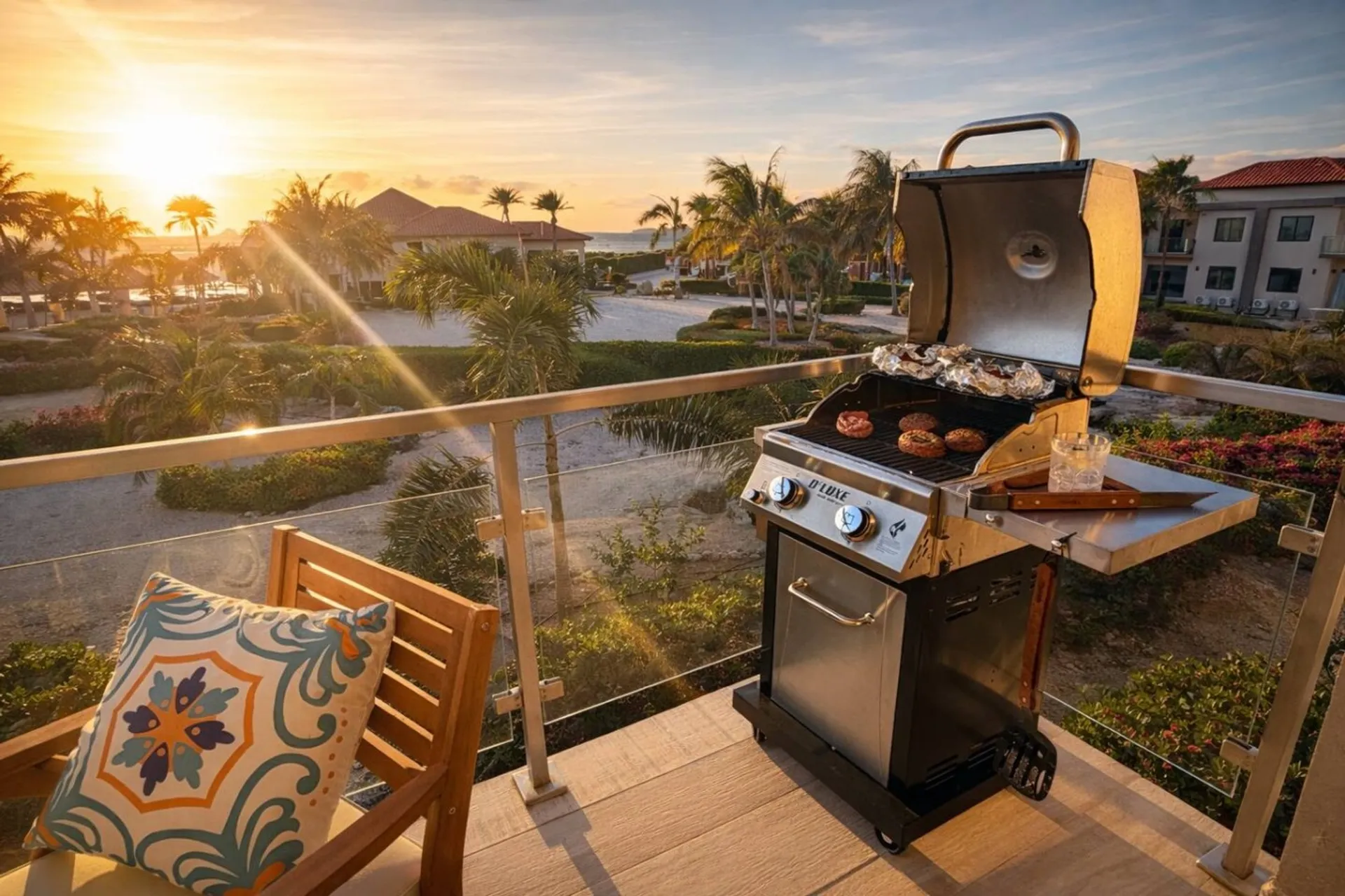 Sunset, seating and BBQ on Azurea’s private balcony
