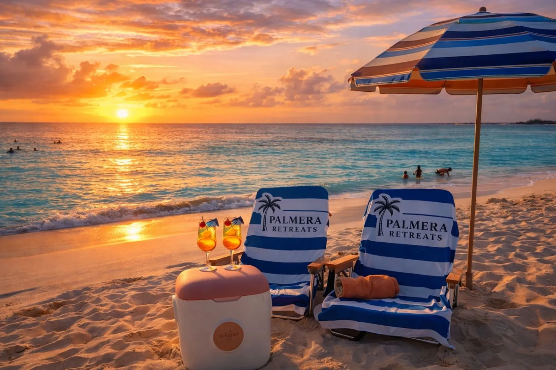 Sunset and a beach setup from the Palmera collection